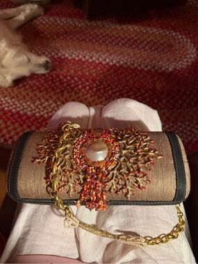 Mary Frances “Sun Kissed Coral” barrel purse.Hand Embellished work of art!